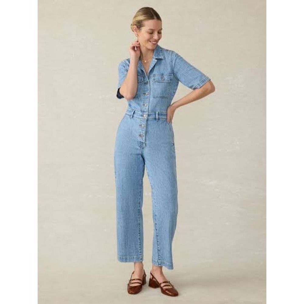 Faherty Denim Michelle SS Jumpsuit Cloudlight Wash Size 8 New With Tags